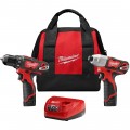 Milwaukee M12 Li-Ion Cordless Power Tool Set — 3/8in. Drill & 1/4in. Hex Impact Driver, With 2 Batteries, Model# 2494-22